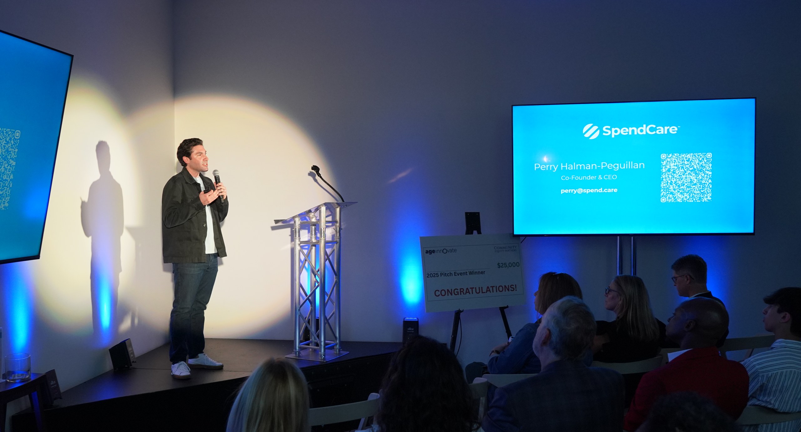 Perry Halman-Peguilan of SpendCare pitches at the AgeInnovate 2025 event in Nashville